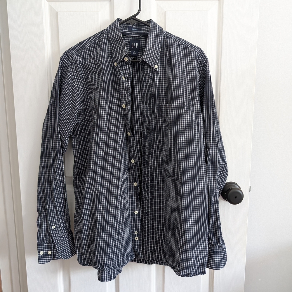 GAP Men's Navy White Checkered Long Sleeve Button Up Shirt Medium